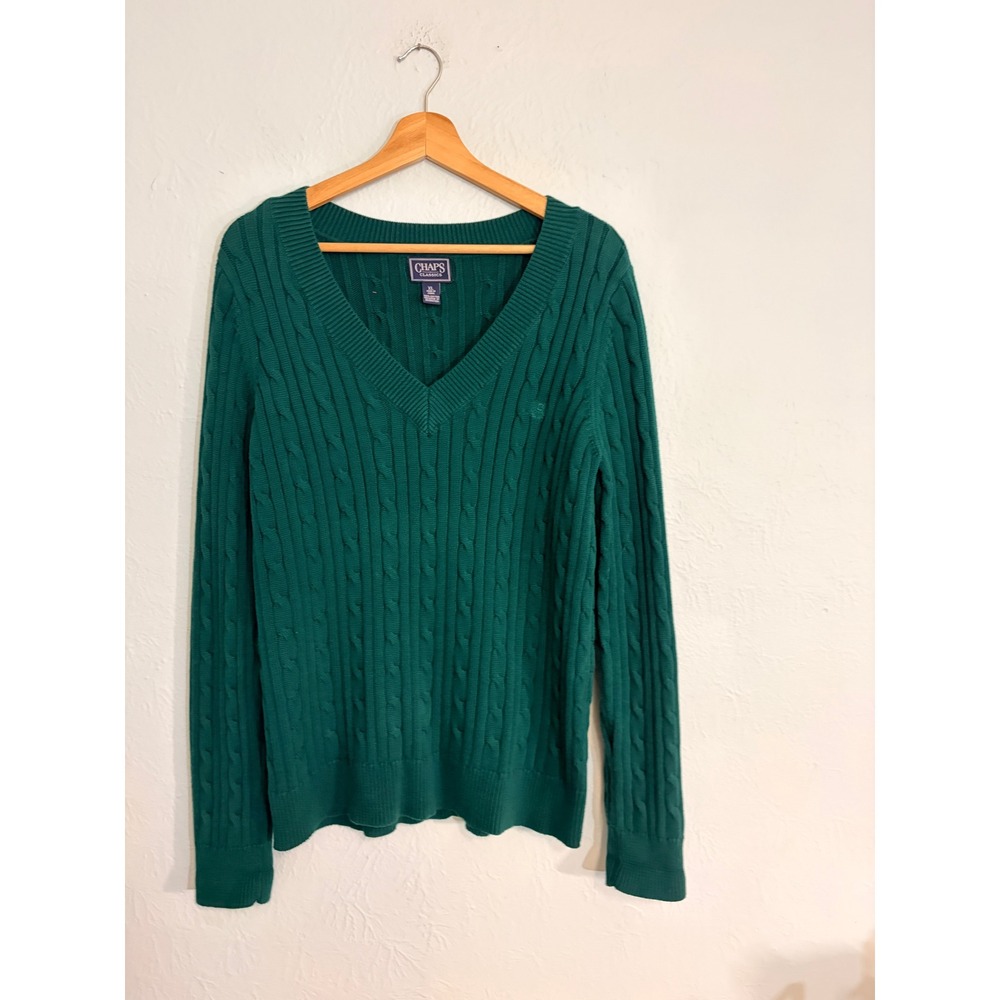 Chaps Sweater XL Forest Green Cable Knit V-Neck Cotton Preppy Academic Old Money